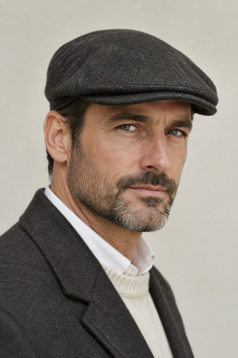 A classic flat cap in a brown, beige, and orange checkered pattern, shown from a three-quarters perspective on a solid white background.