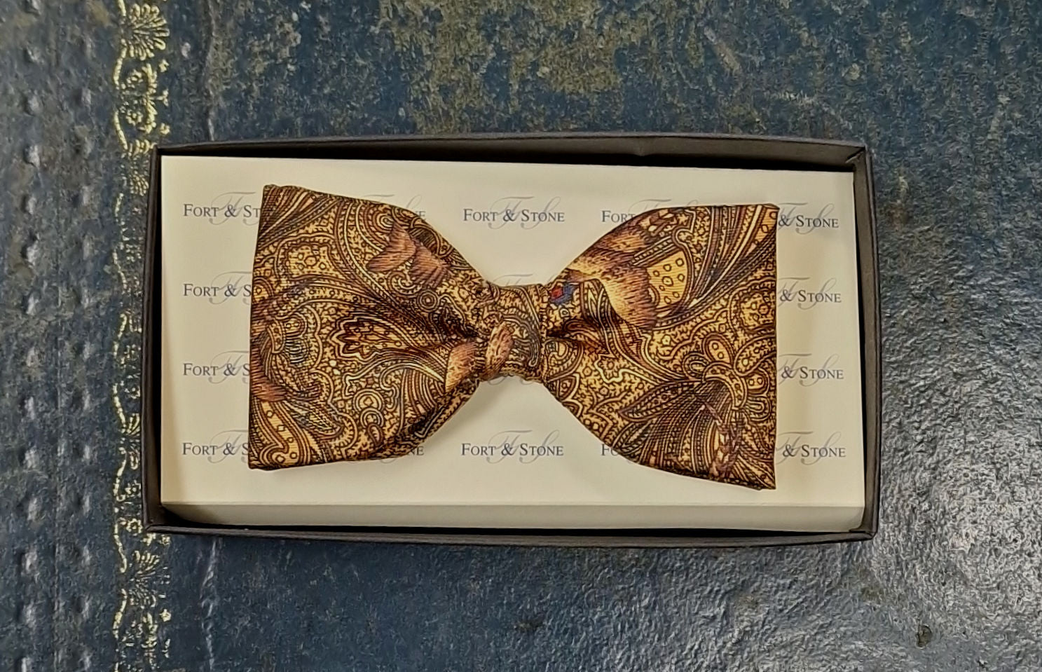 Pure Silk Ready Made Bow Tie - Gold Pheasant Paisley image 0