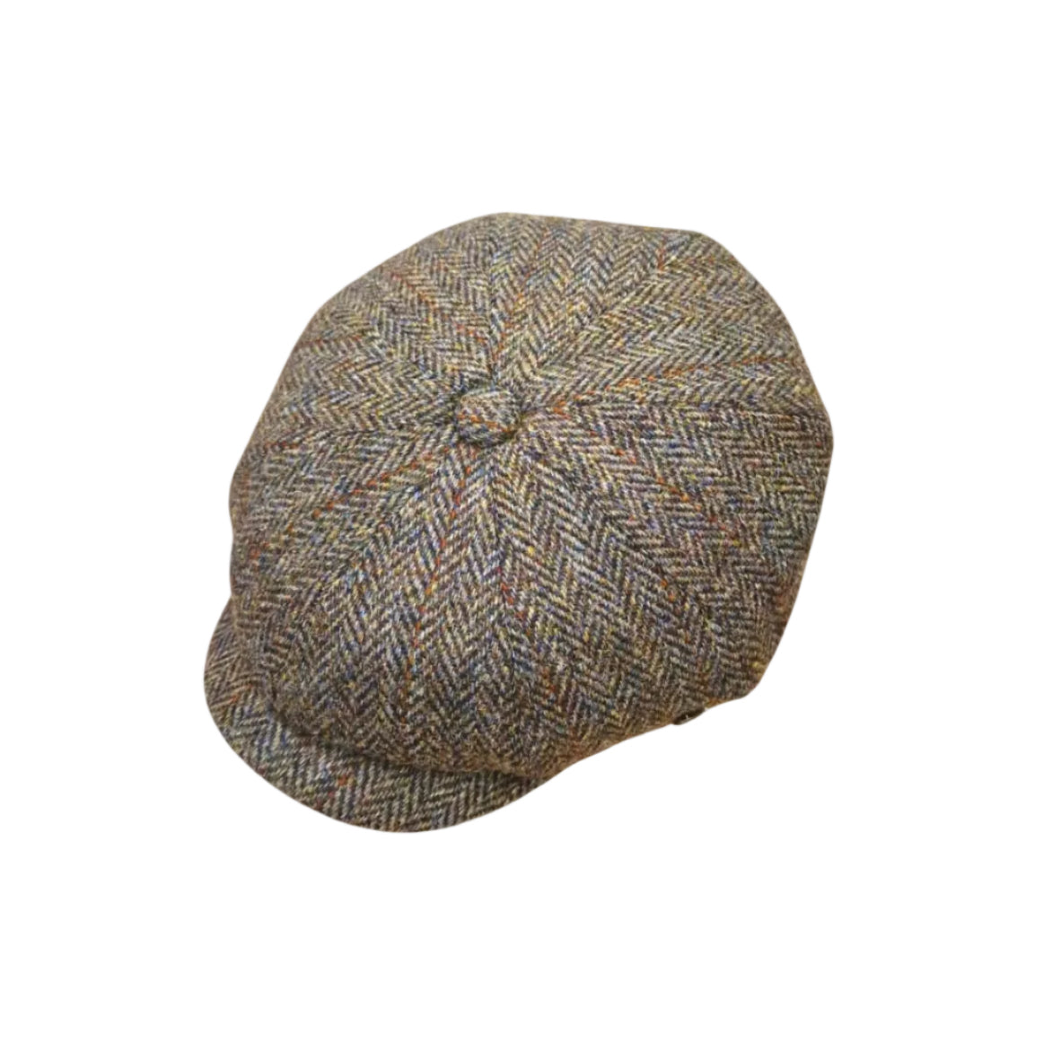 A classic eight-panel flat cap in a brown and beige herringbone tweed pattern, isolated on a white background.