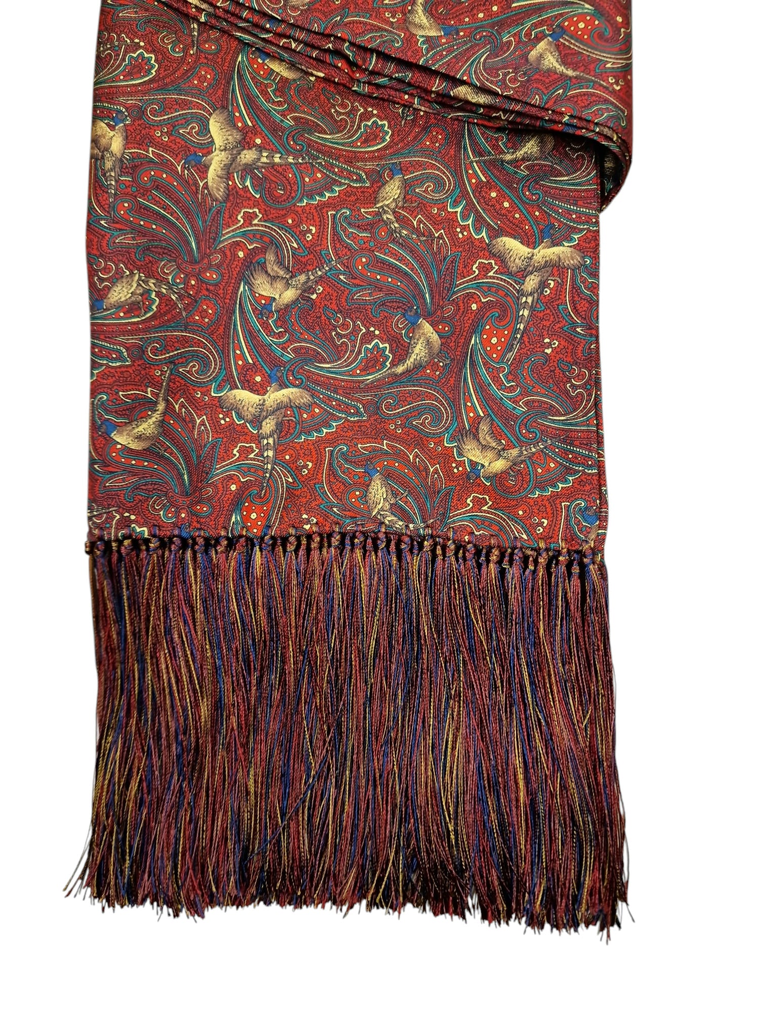 Pure Silk Pheasant Paisley Full Length Scarf with Tassels – Red image 1