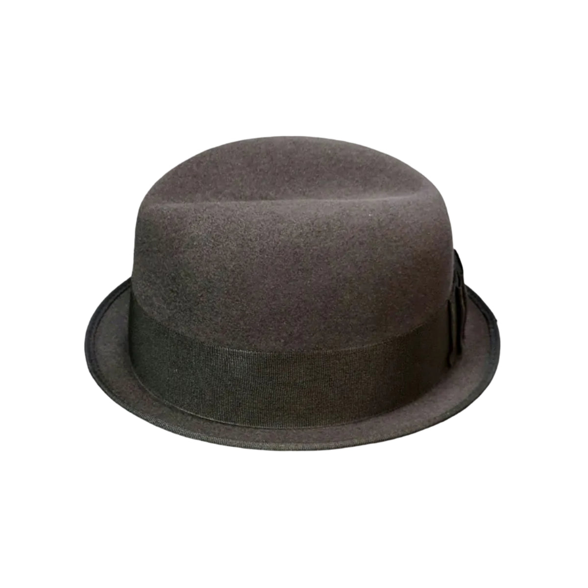 A dark gray felt mod hat with a matching dark band and small side tie, shown from a top-down angle on a plain white background.