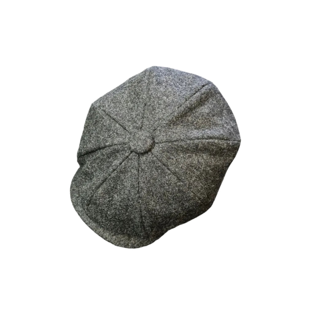 A classic eight-panel newsboy cap in a textured gray, shown from a top-down perspective on a plain white background.
