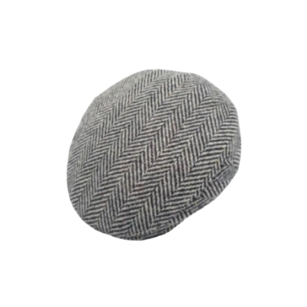 A classic flat cap in a gray and white herringbone pattern, shown against a plain white background.