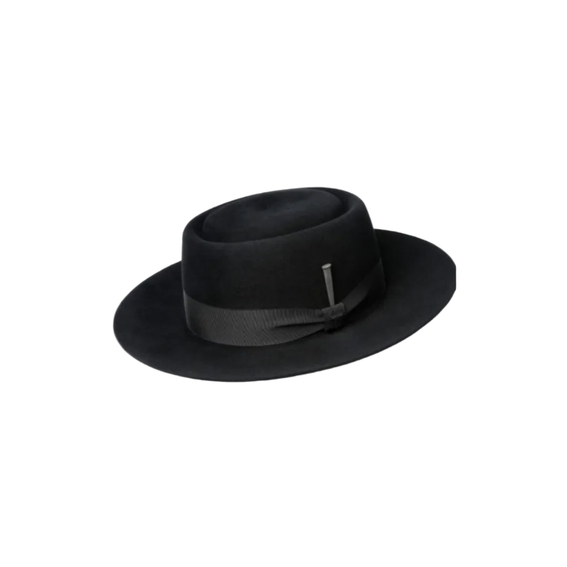 A black felt bolero-style hat with a matching black ribbon band and a small silver metal pin accent, shown on a plain white background.