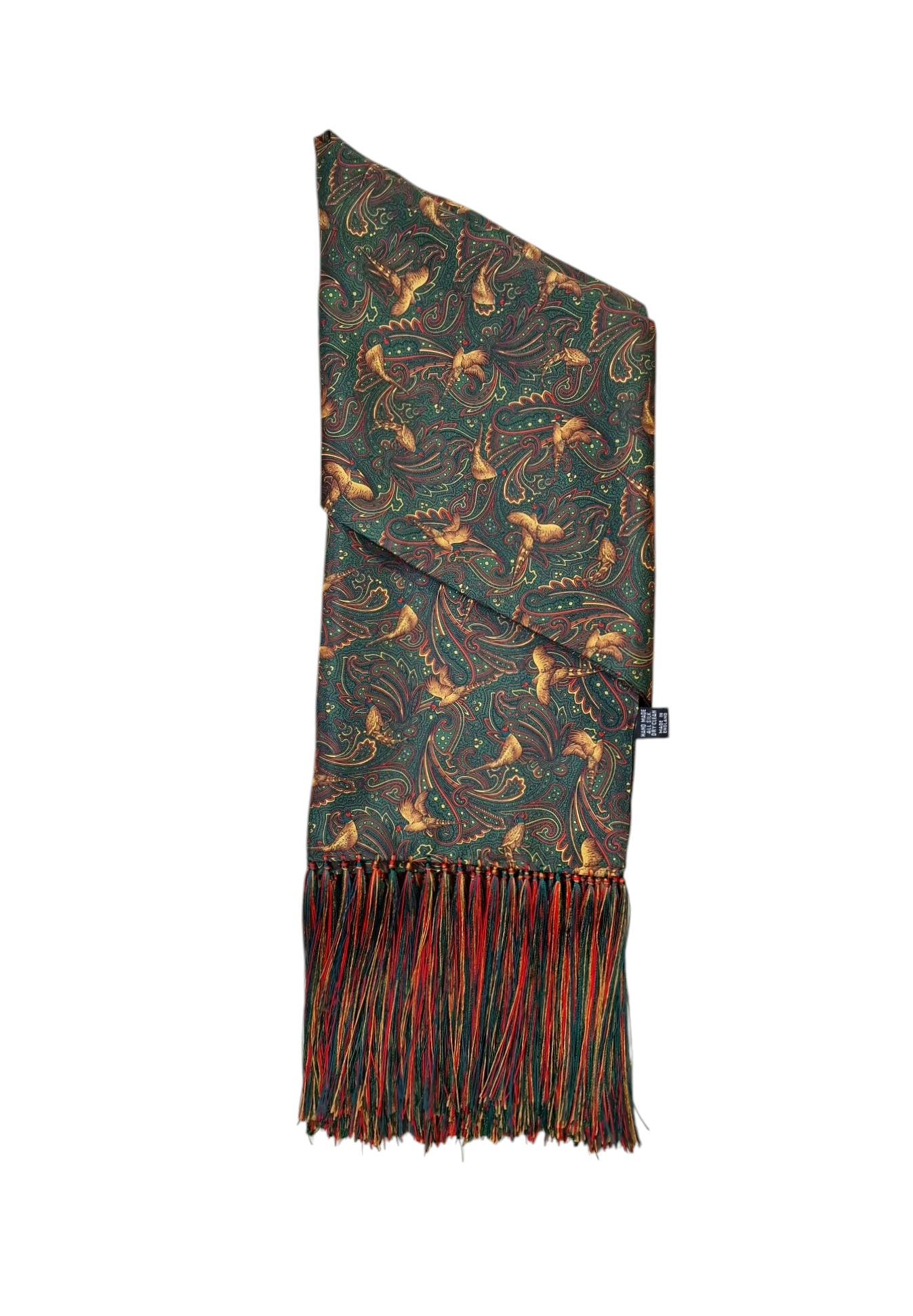 Pure Silk Pheasant Paisley Full Length Scarf with Tassels – Green image 0