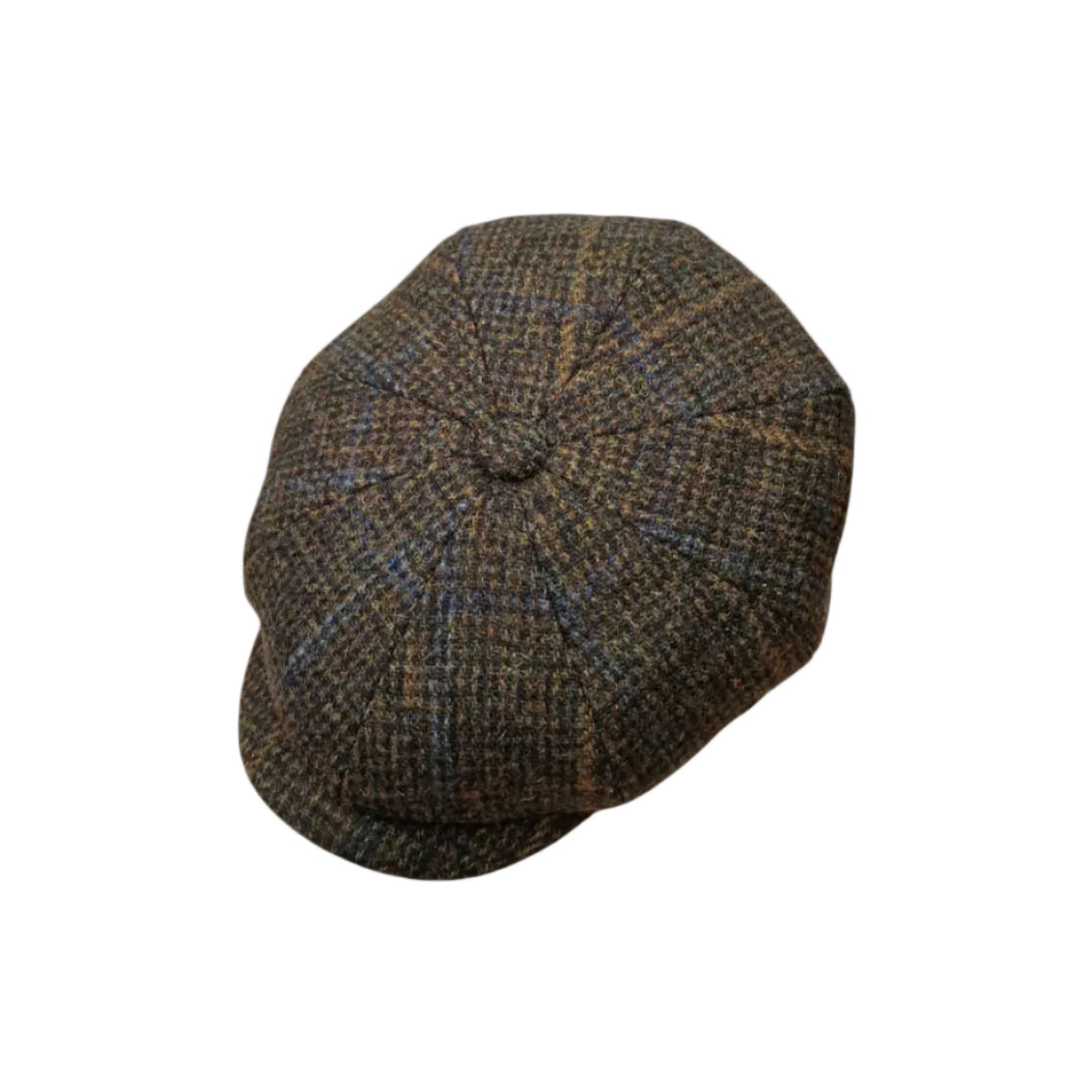 A classic newsboy cap in a brown and black houndstooth pattern with subtle blue and beige flecks, photographed on a solid white background.