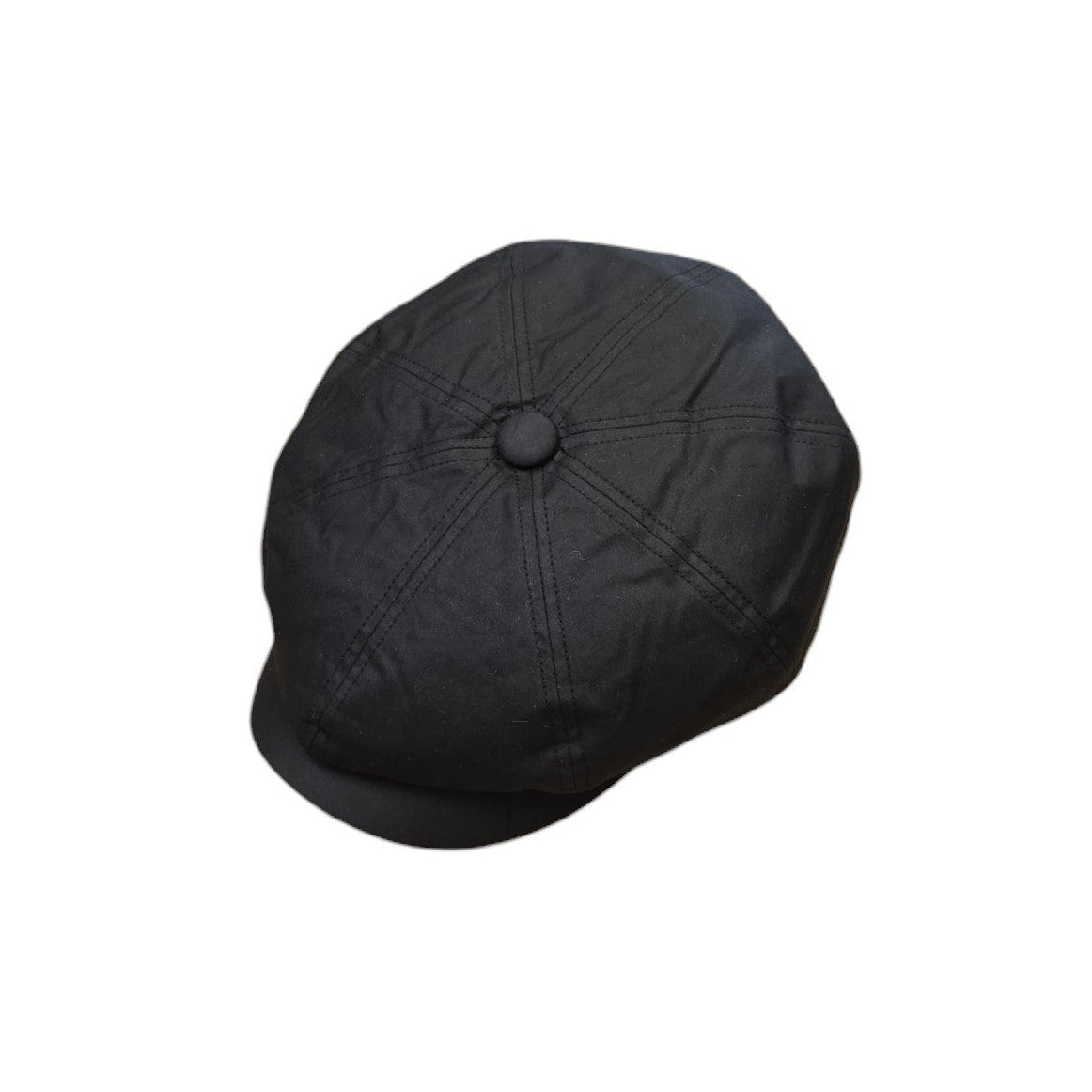A black structured newsboy cap with a button on top, shown against a plain white background.