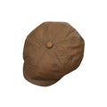 A brown fabric eight-panel hat with a stitched top button, shown from a top-down view on a solid white background.