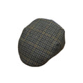 A classic flat cap in a dark green and black checkered tweed pattern, shown from a three-quarters perspective on a solid white background.