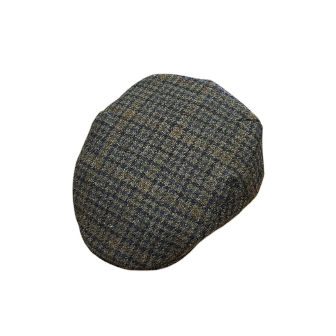 A classic flat cap in a dark green and black checkered tweed pattern, shown from a three-quarters perspective on a solid white background.