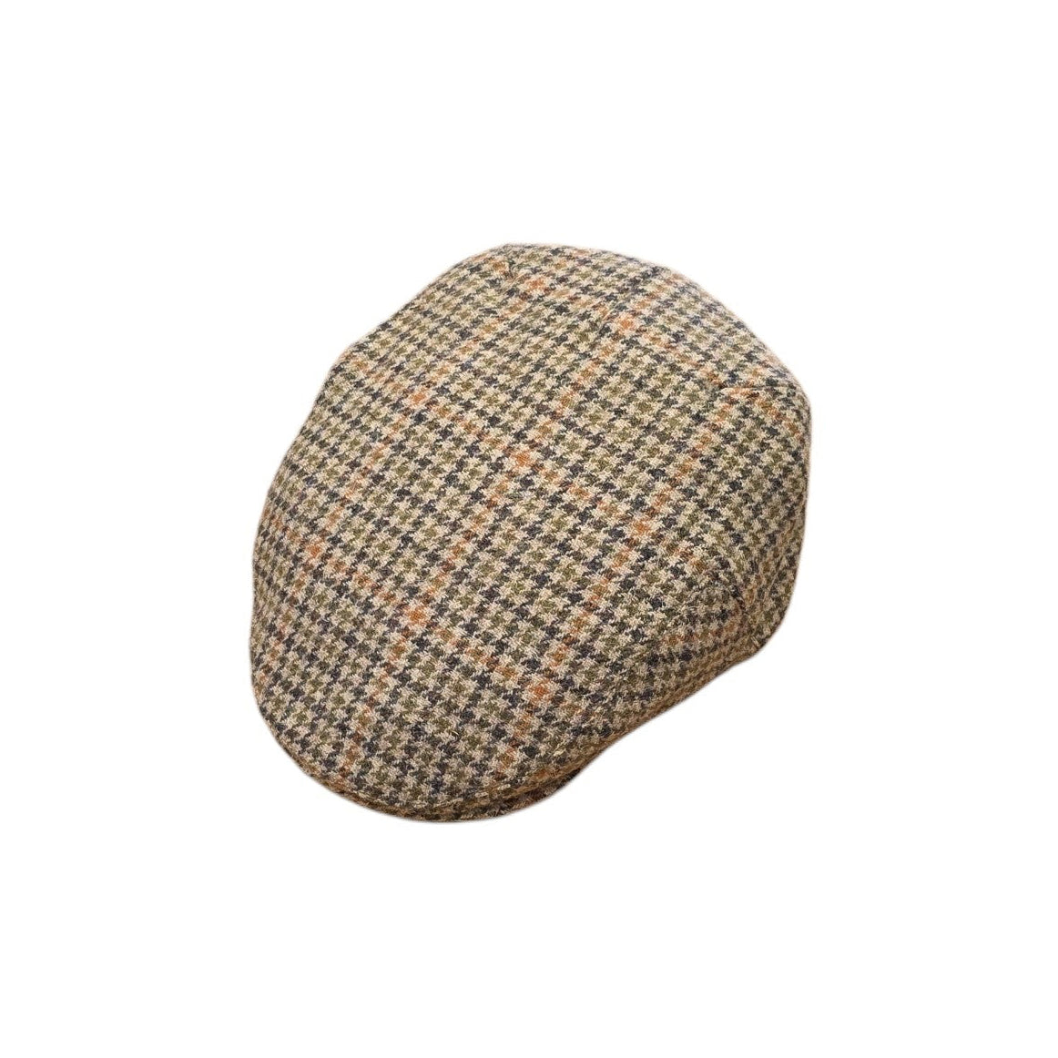 A classic flat cap in a brown, beige, and orange checkered pattern, shown from a three-quarters perspective on a solid white background.
