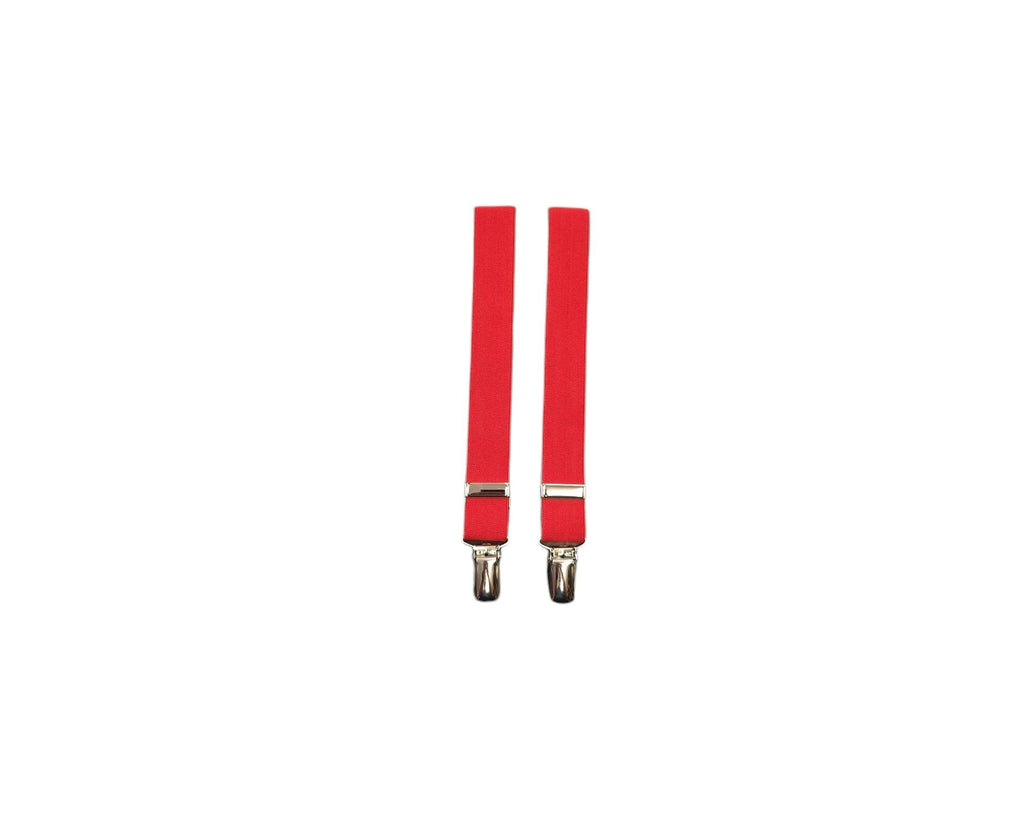 A pair of bright red fabric suspenders with silver metal clips, centered on a plain white background.