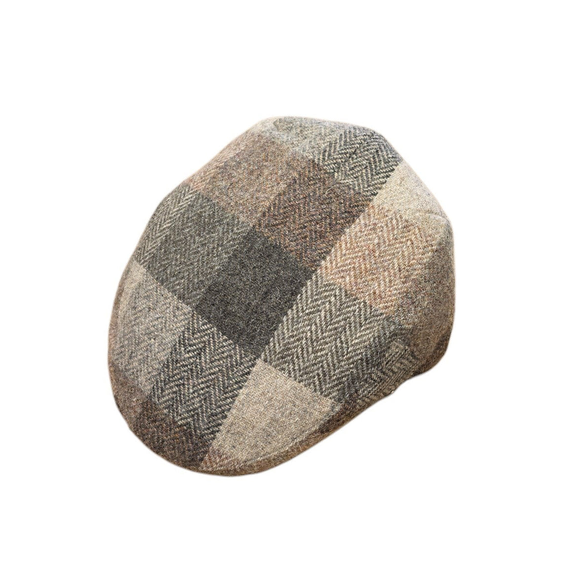 A classic flat cap in a brown, beige, and gray herringbone plaid pattern, shown on a plain white background.