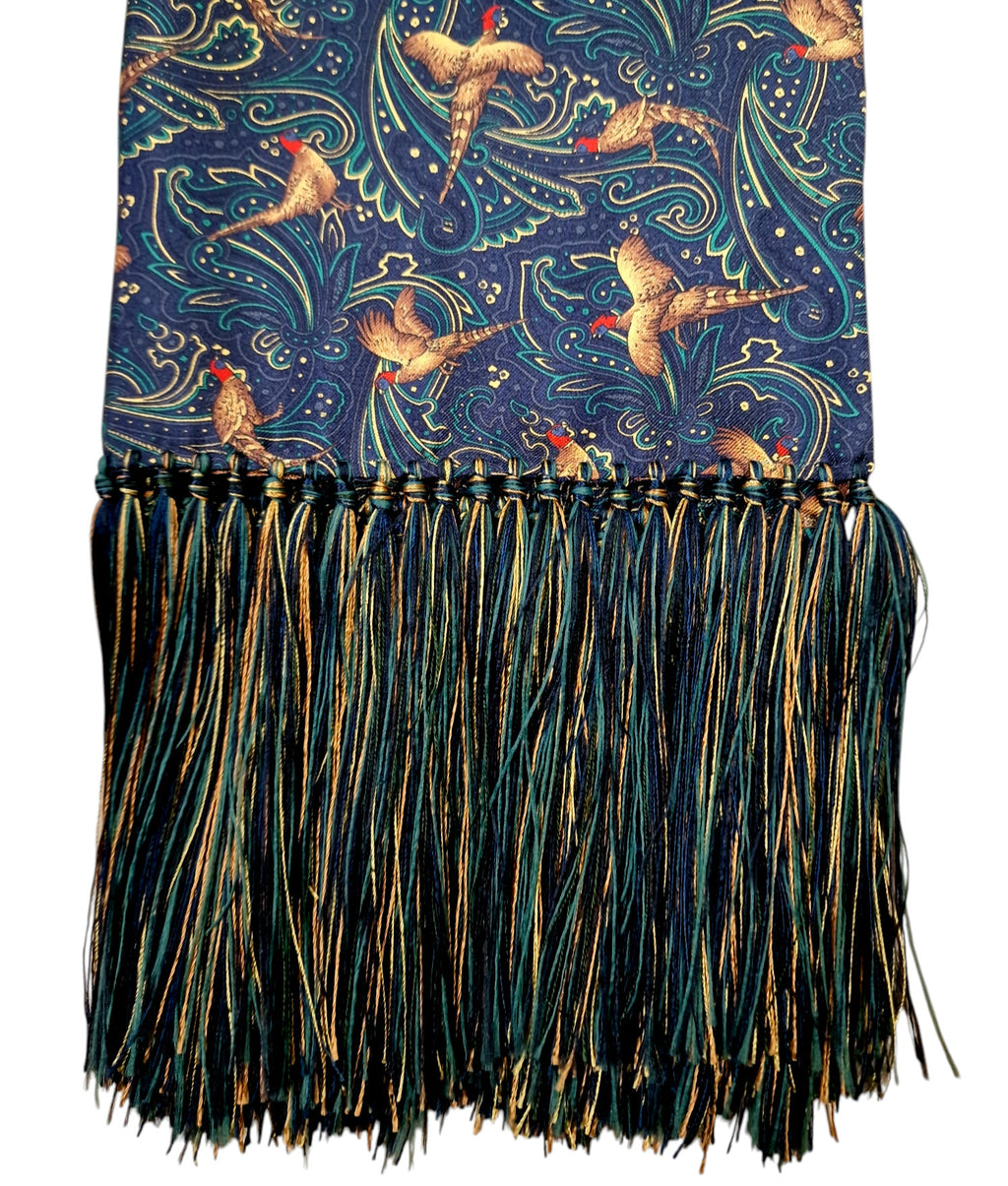 Pure Silk Pheasant Paisley Full Length Scarf with Tassels - Dark Navy image 1