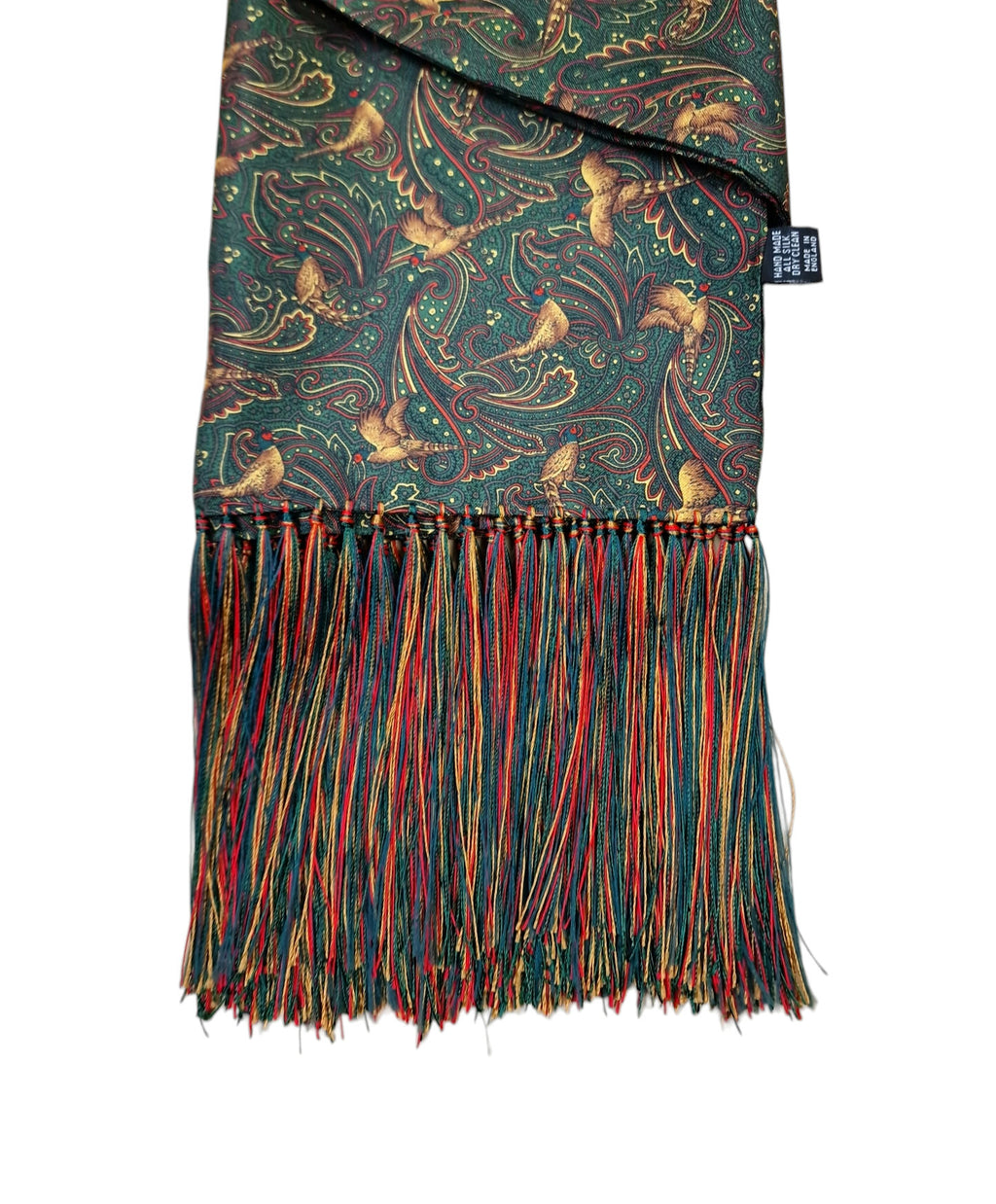 Pure Silk Pheasant Paisley Full Length Scarf with Tassels – Green image 1
