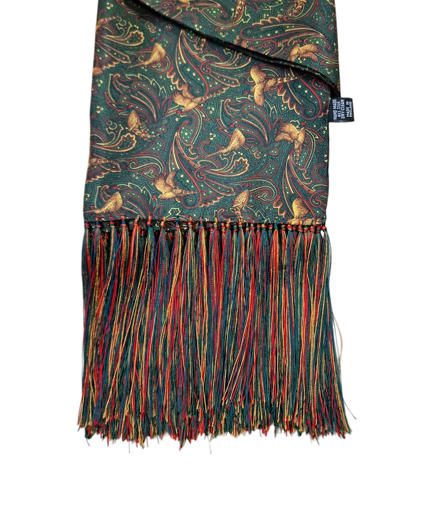 Pure Silk Pheasant Paisley Full Length Scarf with Tassels – Green image 1
