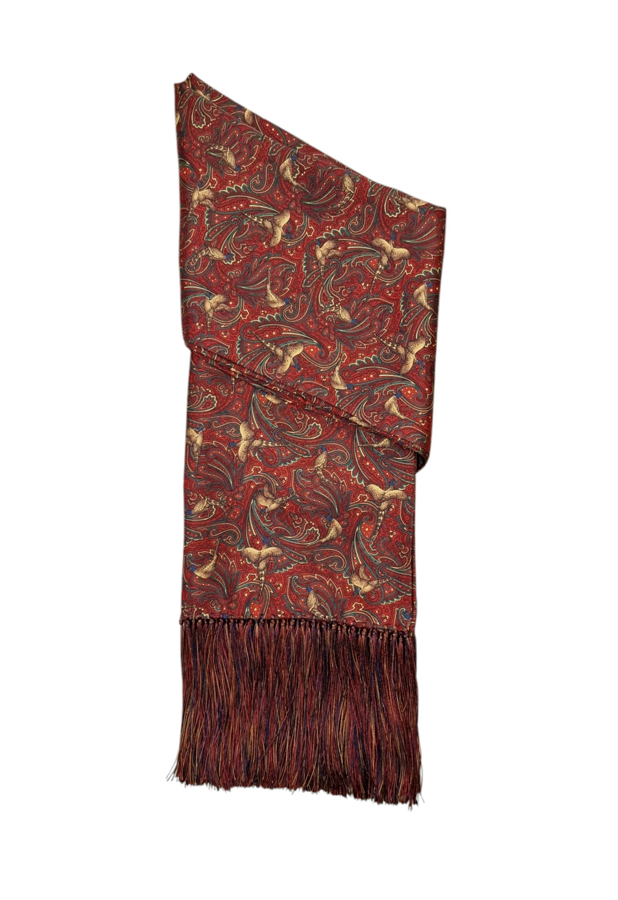 Pure Silk Pheasant Paisley Full Length Scarf with Tassels – Red image 0