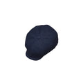 A dark navy blue woolly newsboy cap with a button top and stitched panel seams, shown on a plain white background.
