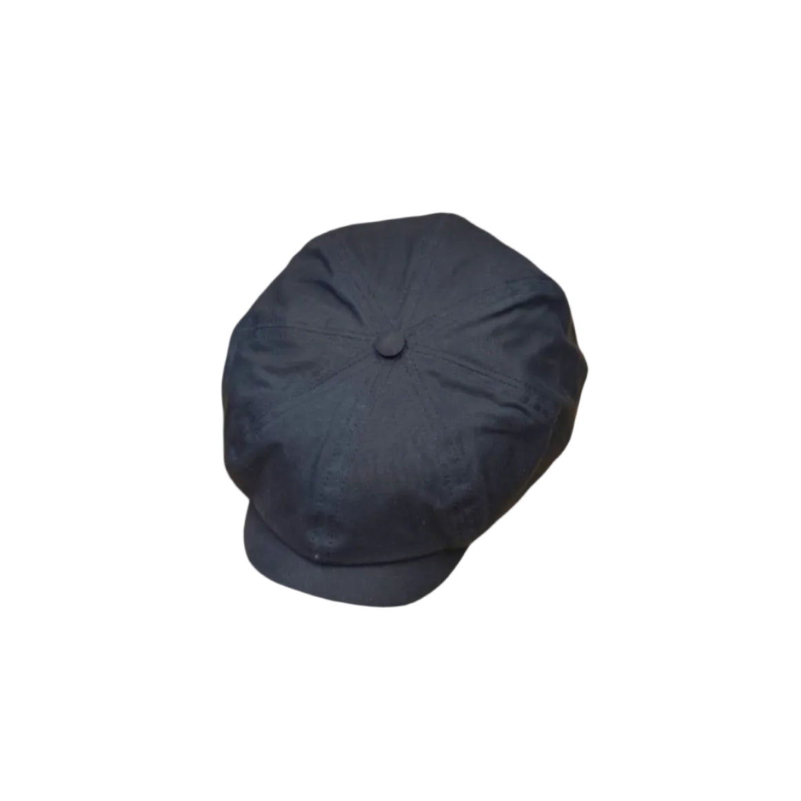 A dark navy blue newsboy cap with a button on top, shown against a plain white background.